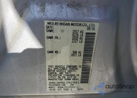 2016 Nissan Altima 2.5 from USA, damaged, VIN 1N4AL3AP3GC292461